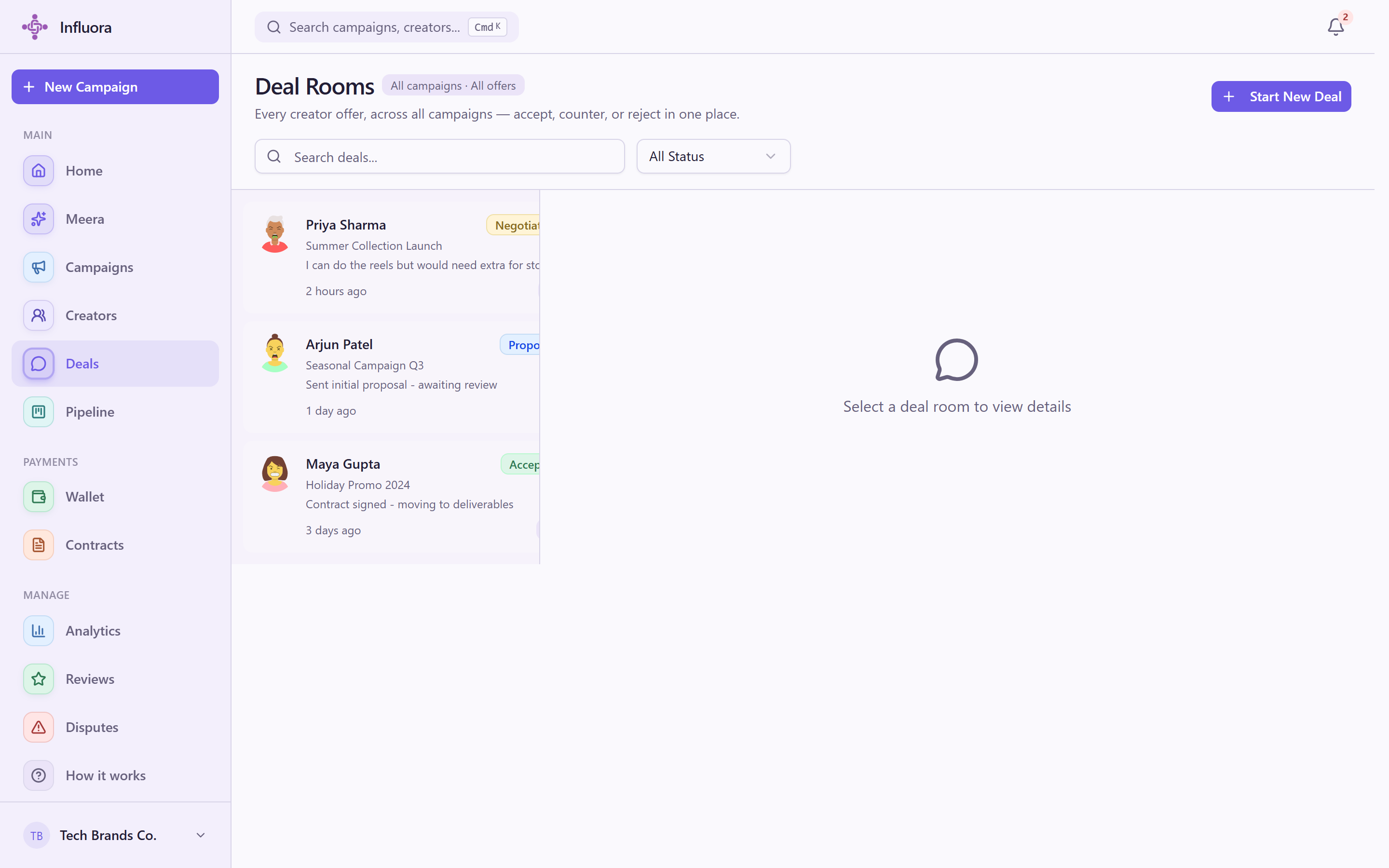The Influora Deal Room, showing a deal thread alongside its agreed deliverables and contract status.